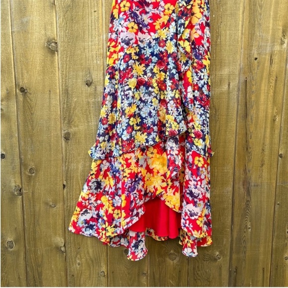 🌿 Red Radiant Ruby Floral Chiffon Asymmetric Dress 🌿 - Picture 5 of 14